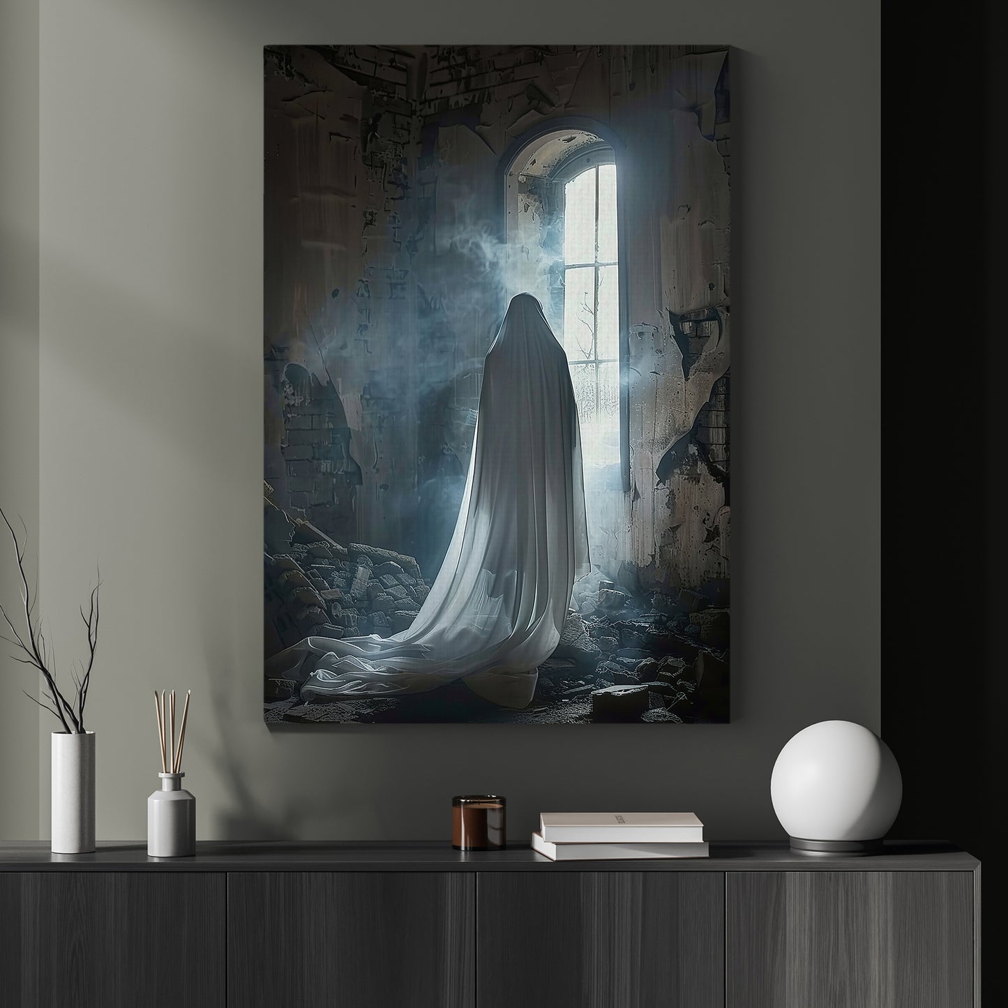 Waiting At The Window, Ghost Canvas Painting, Spooky Season Wall Art Decor, Halloween Poster Gift For Ghost Lovers