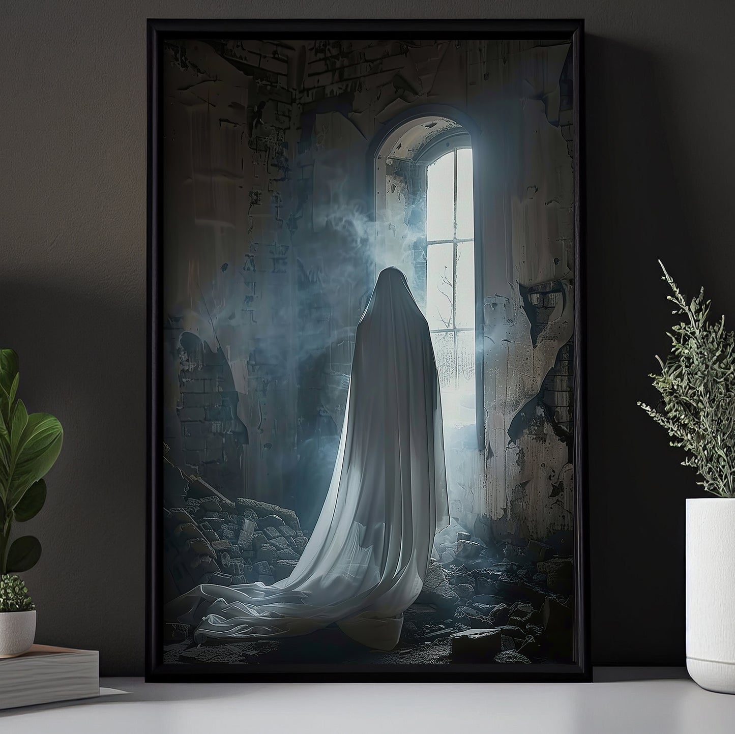 Waiting At The Window, Ghost Canvas Painting, Spooky Season Wall Art Decor, Halloween Poster Gift For Ghost Lovers