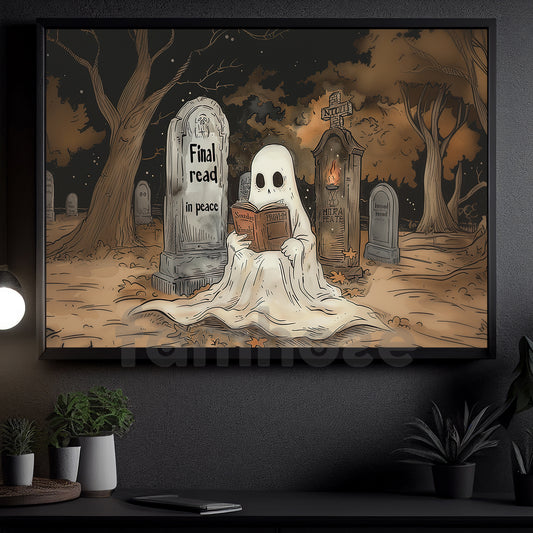 Funny Halloween Ghost Canvas Painting, Final Read In Peace Wall Art Decor, Spooky Season Poster Gift For Ghost Lovers
