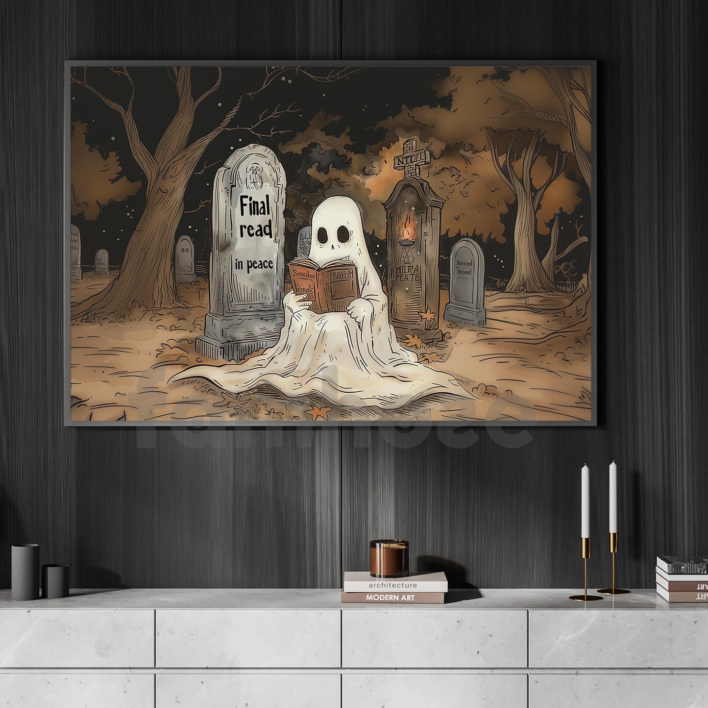 Funny Halloween Ghost Canvas Painting, Final Read In Peace Wall Art Decor, Spooky Season Poster Gift For Ghost Lovers