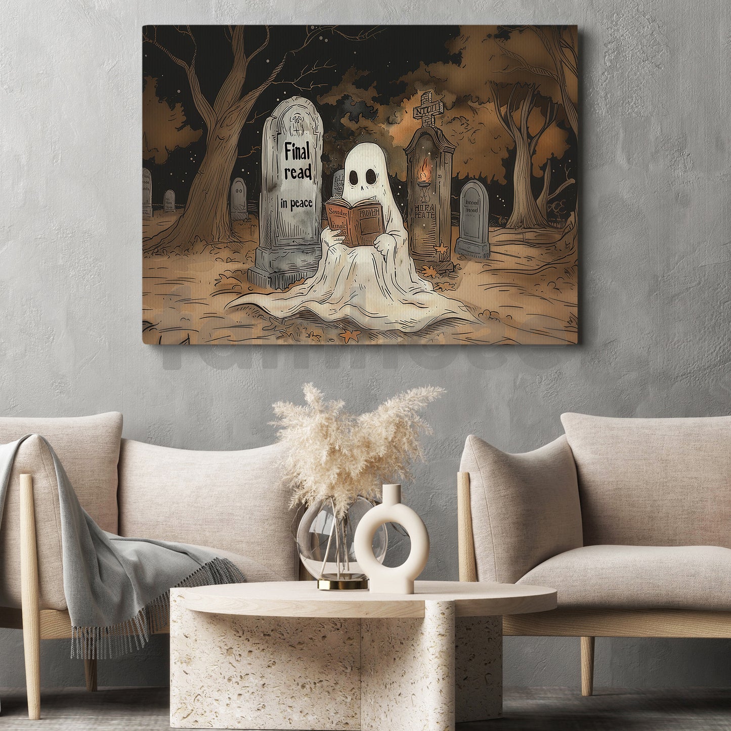 Funny Halloween Ghost Canvas Painting, Final Read In Peace Wall Art Decor, Spooky Season Poster Gift For Ghost Lovers