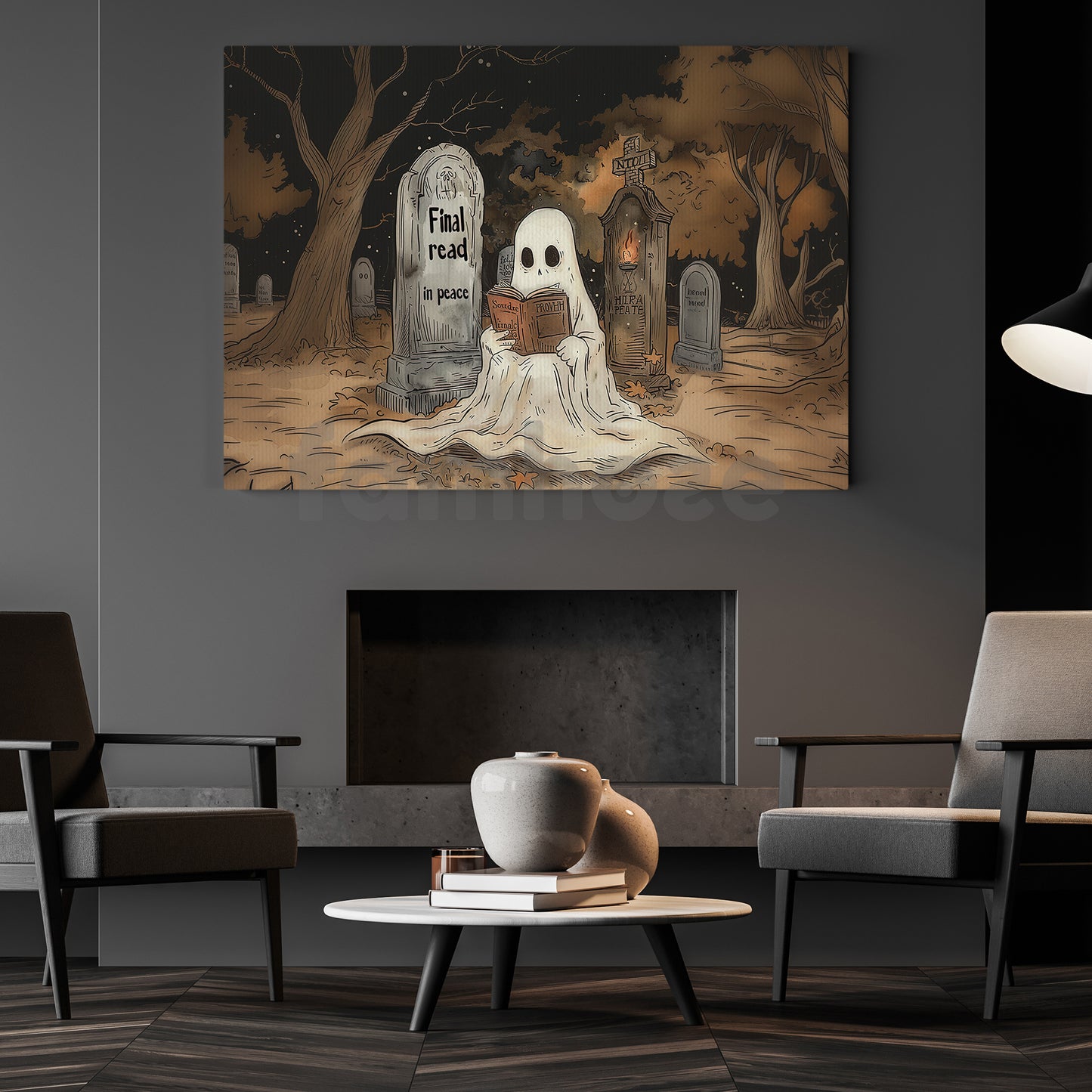 Funny Halloween Ghost Canvas Painting, Final Read In Peace Wall Art Decor, Spooky Season Poster Gift For Ghost Lovers