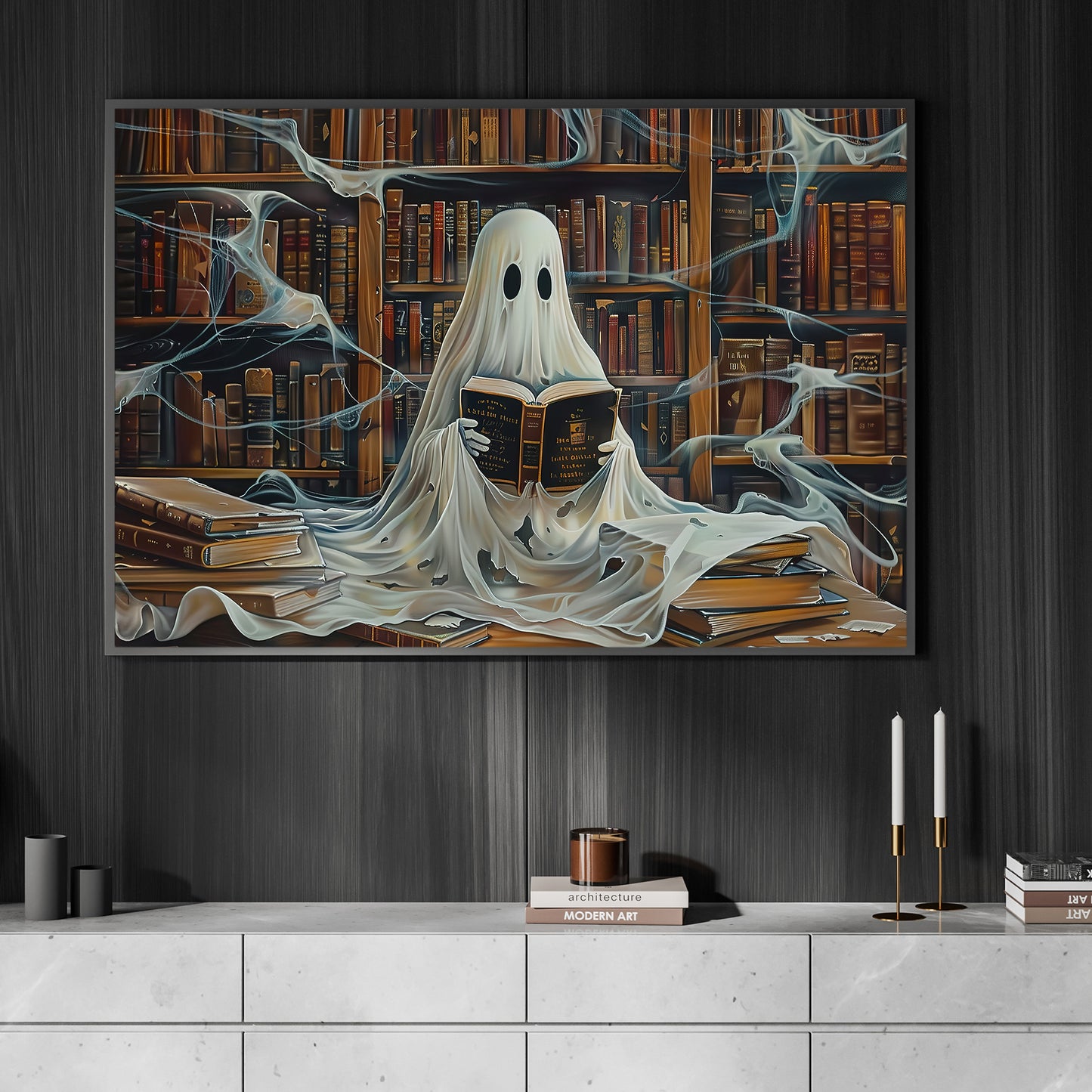 Spectral Study, Ghost Canvas Painting, Spooky Season Wall Art Decor, Halloween Poster Gift For Ghost And Book Lovers