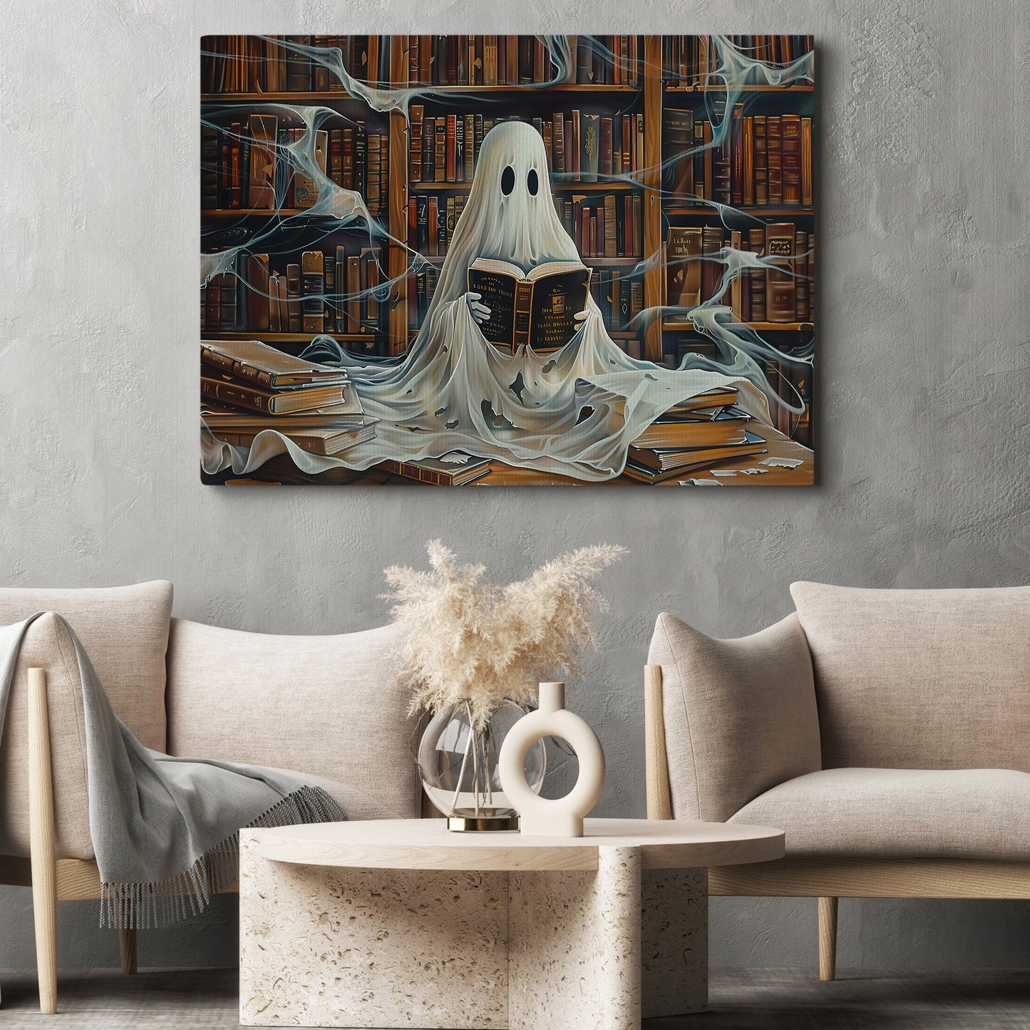 Spectral Study, Ghost Canvas Painting, Spooky Season Wall Art Decor, Halloween Poster Gift For Ghost And Book Lovers