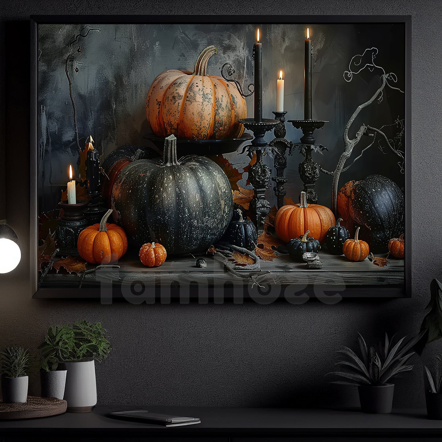 Halloween Candle And Pumpkin Canvas Painting, The Witch's Harvest Table Spooky Season Wall Art Decor, Halloween Poster Gift For Pumpkins Lover