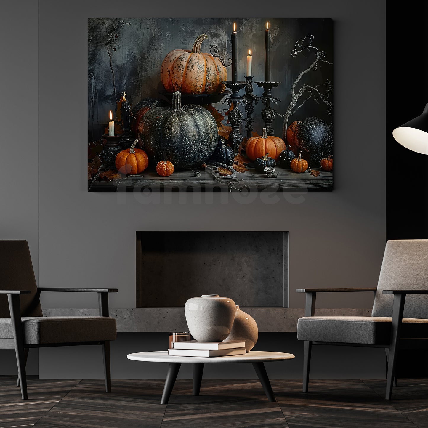 Halloween Candle And Pumpkin Canvas Painting, The Witch's Harvest Table Spooky Season Wall Art Decor, Halloween Poster Gift For Pumpkins Lover