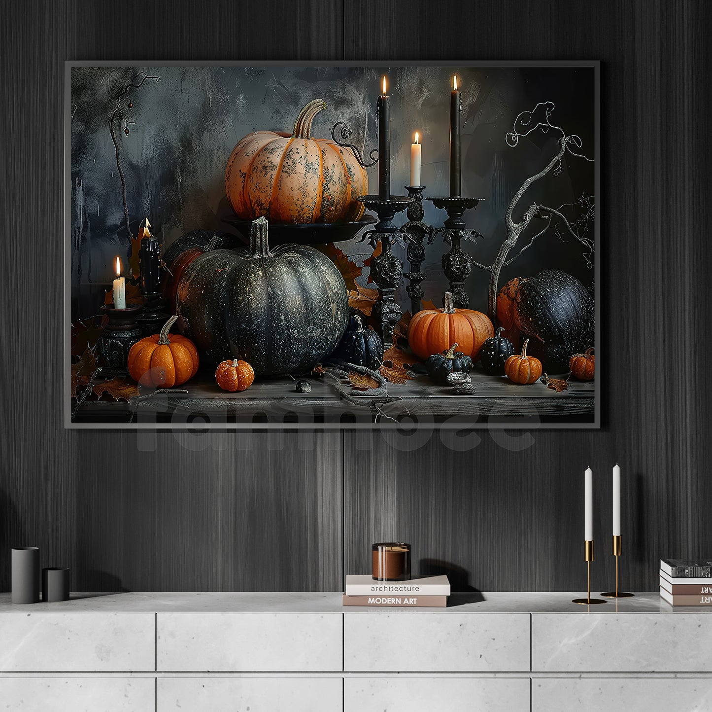 Halloween Candle And Pumpkin Canvas Painting, The Witch's Harvest Table Spooky Season Wall Art Decor, Halloween Poster Gift For Pumpkins Lover