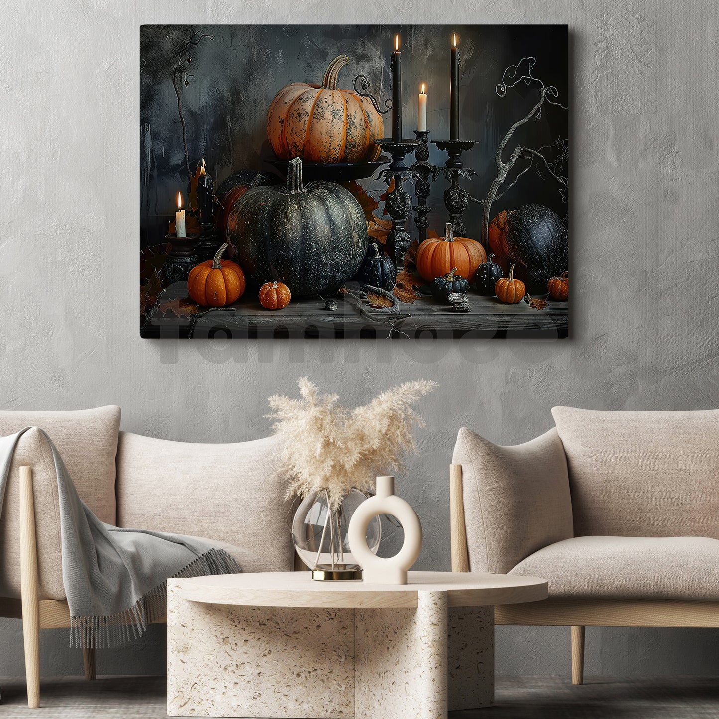 Halloween Candle And Pumpkin Canvas Painting, The Witch's Harvest Table Spooky Season Wall Art Decor, Halloween Poster Gift For Pumpkins Lover