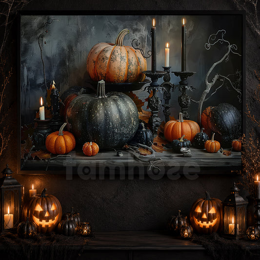 Halloween Candle And Pumpkin Canvas Painting, The Witch's Harvest Table Spooky Season Wall Art Decor, Halloween Poster Gift For Pumpkins Lover