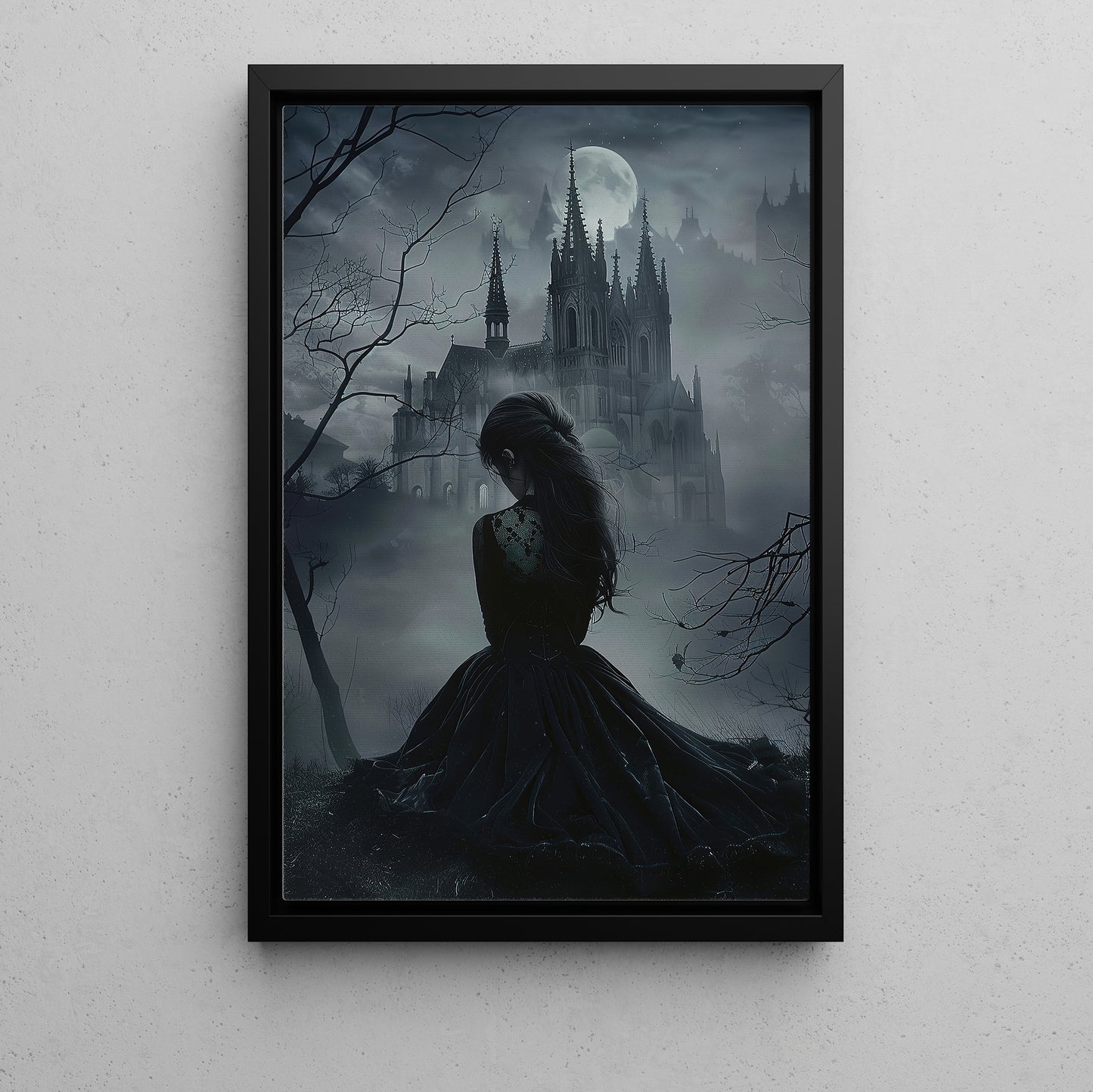 Gothic Elegy Under The Moonlight, Mystery Canvas Painting, Spooky Season Wall Art Decor, Halloween Poster Gift For Woman Lovers