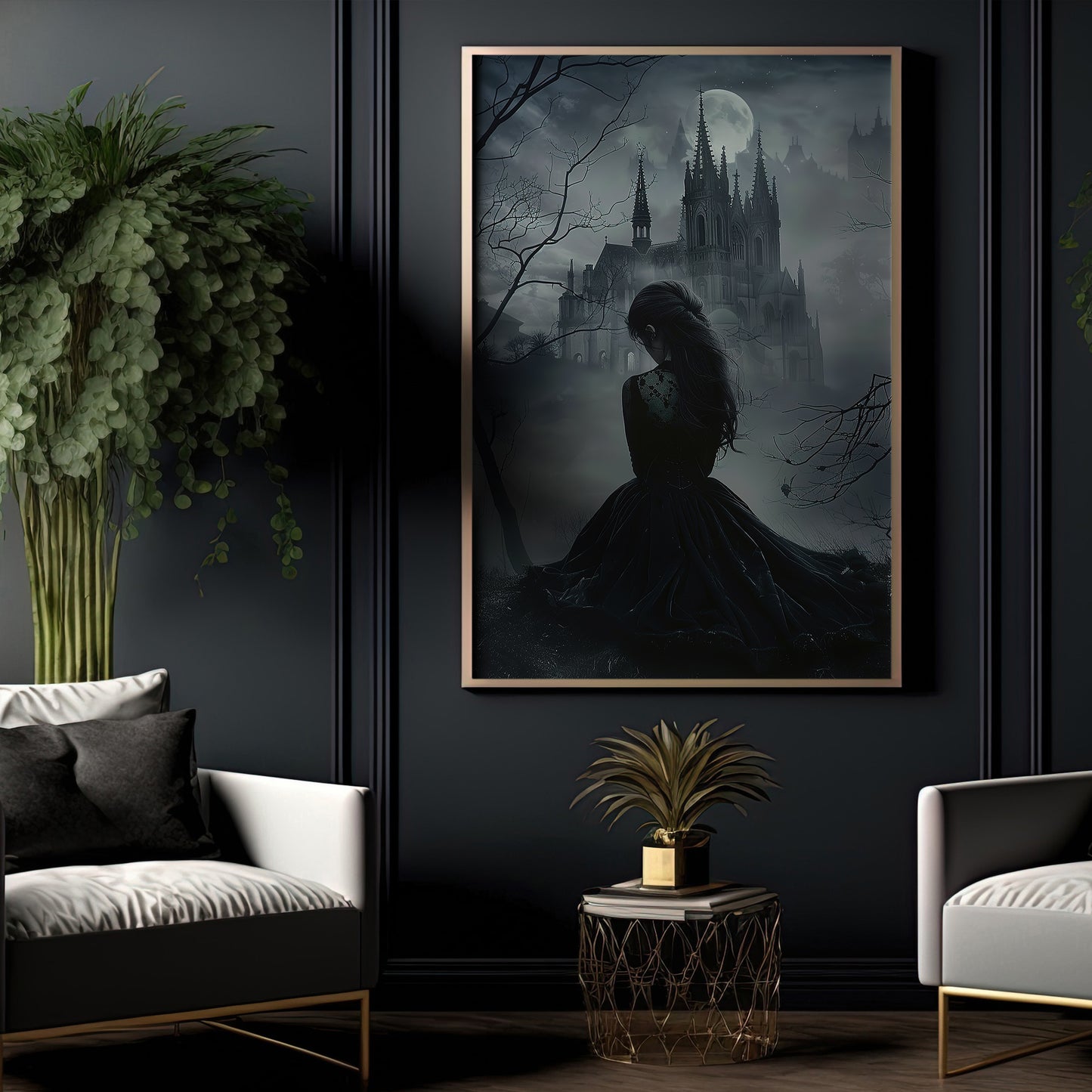 Gothic Elegy Under The Moonlight, Mystery Canvas Painting, Spooky Season Wall Art Decor, Halloween Poster Gift For Woman Lovers