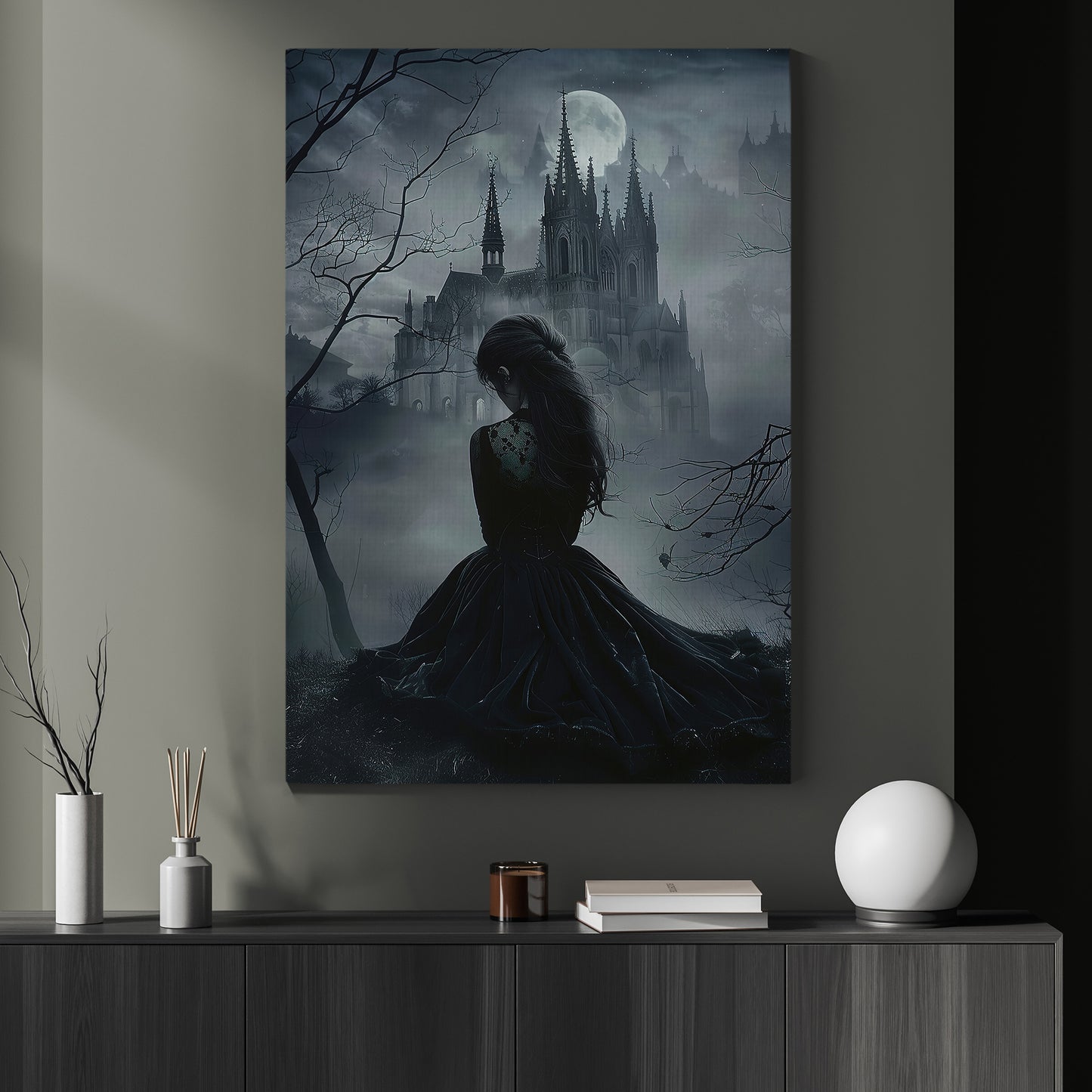 Gothic Elegy Under The Moonlight, Mystery Canvas Painting, Spooky Season Wall Art Decor, Halloween Poster Gift For Woman Lovers