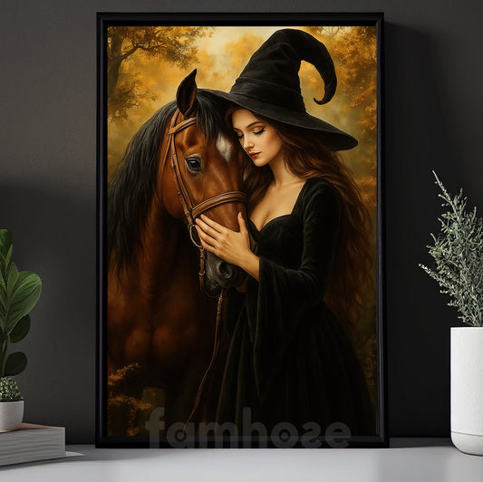 Halloween Horse Witch Canvas Painting, Witch Loving Her Horse Wall Art Decor, Spooky Season Poster Gift For Horse Lovers, Witch Lovers