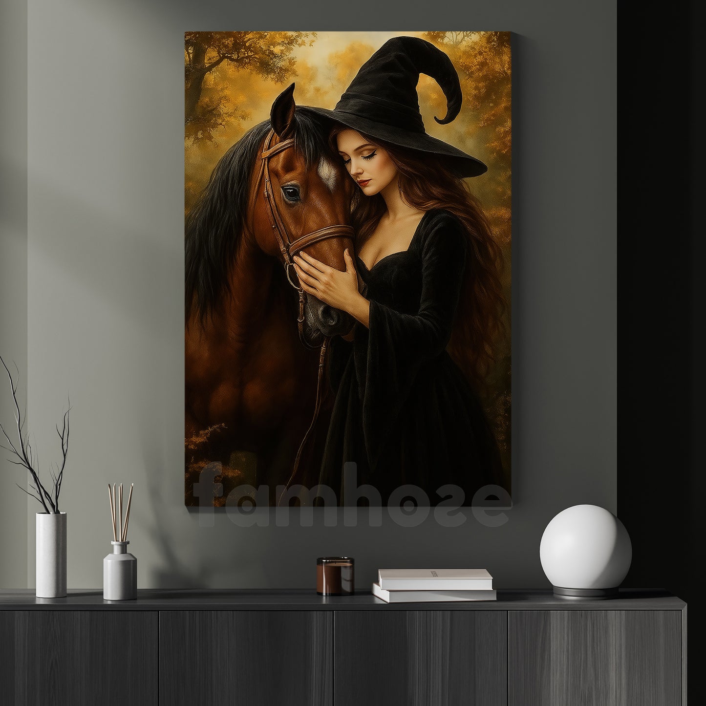Halloween Horse Witch Canvas Painting, Witch Loving Her Horse Wall Art Decor, Spooky Season Poster Gift For Horse Lovers, Witch Lovers