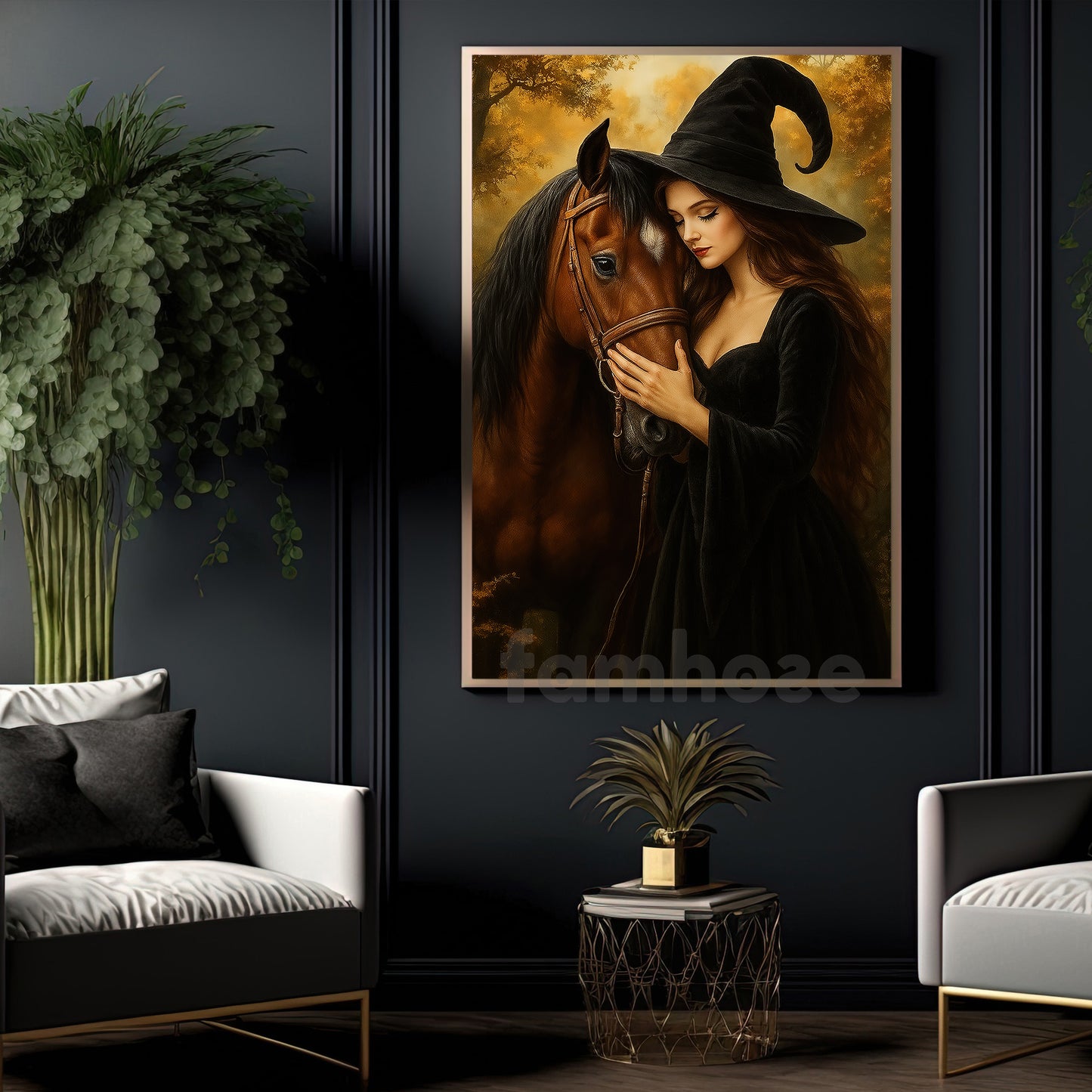 Halloween Horse Witch Canvas Painting, Witch Loving Her Horse Wall Art Decor, Spooky Season Poster Gift For Horse Lovers, Witch Lovers