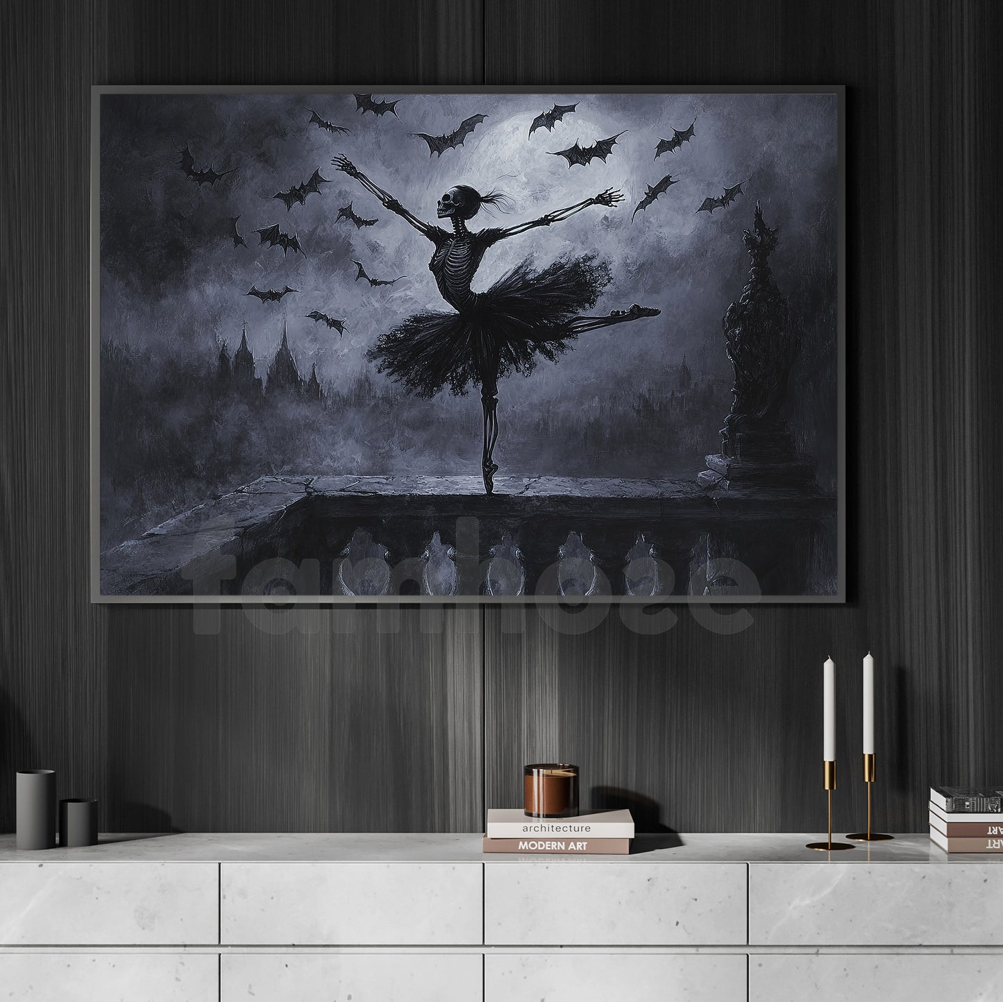 Halloween Skeleton Ballet Canvas Painting, The Bone Ballerina Wall Art Decor, Spooky Season Poster Gift For Skeleton Lovers, Ballet Lovers