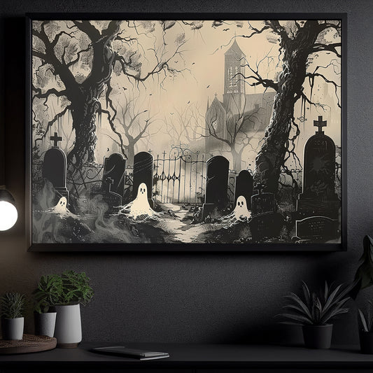 Haunting At Dusk, Ghost Canvas Painting, Spooky Season Wall Art Decor, Halloween Poster Gift For Ghost Lovers