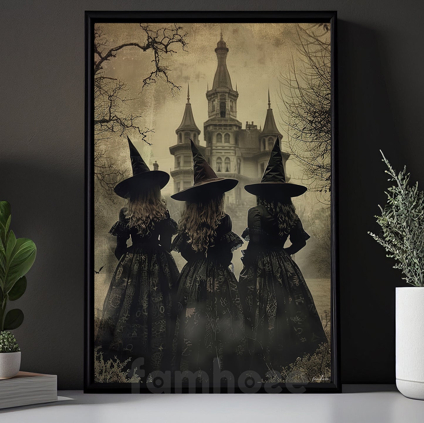 Halloween Three Witches Canvas Painting, Three Witches Convene By The Haunted Castle Wall Art Decor, Spooky Season Poster Gift For Witch Lover