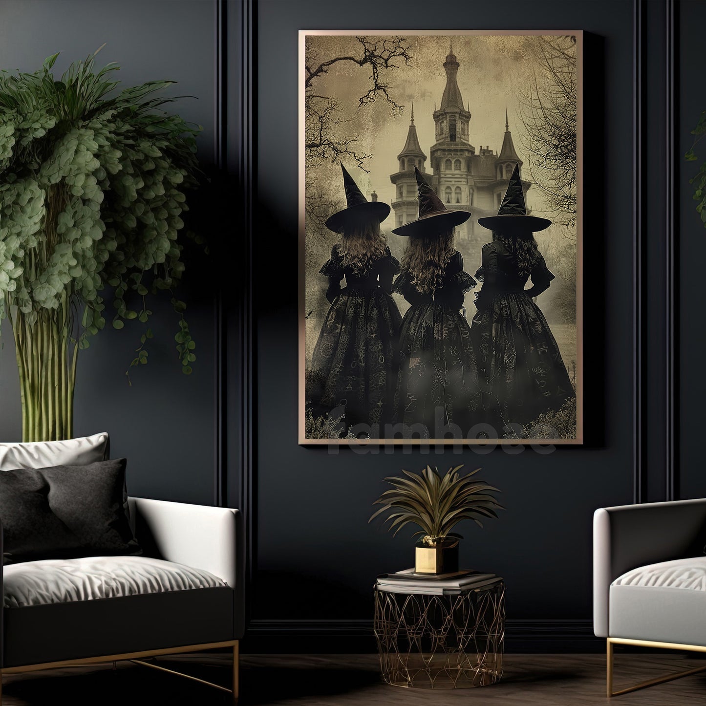 Halloween Three Witches Canvas Painting, Three Witches Convene By The Haunted Castle Wall Art Decor, Spooky Season Poster Gift For Witch Lover