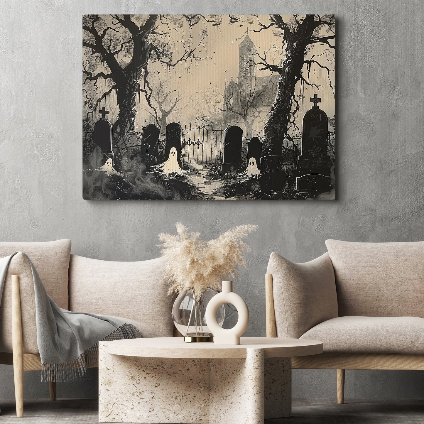 Haunting At Dusk, Ghost Canvas Painting, Spooky Season Wall Art Decor, Halloween Poster Gift For Ghost Lovers