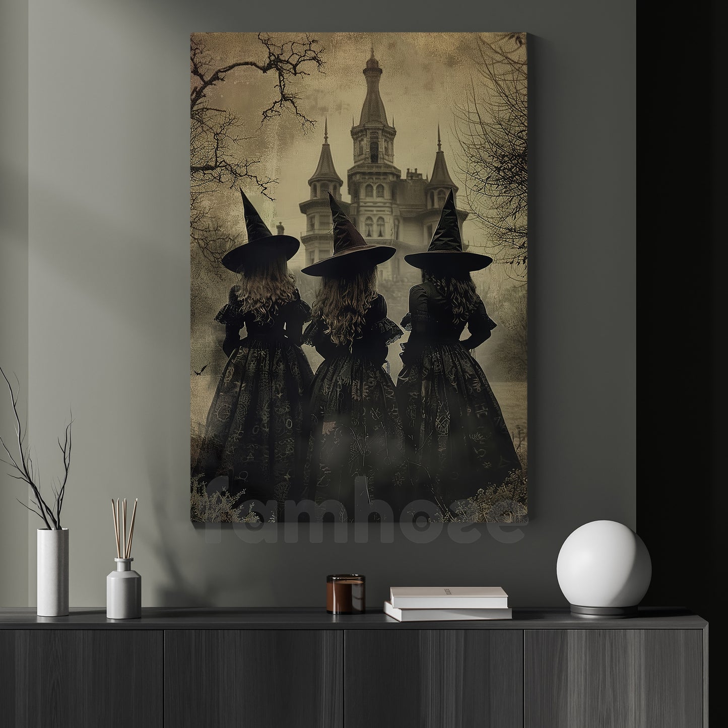 Halloween Three Witches Canvas Painting, Three Witches Convene By The Haunted Castle Wall Art Decor, Spooky Season Poster Gift For Witch Lover