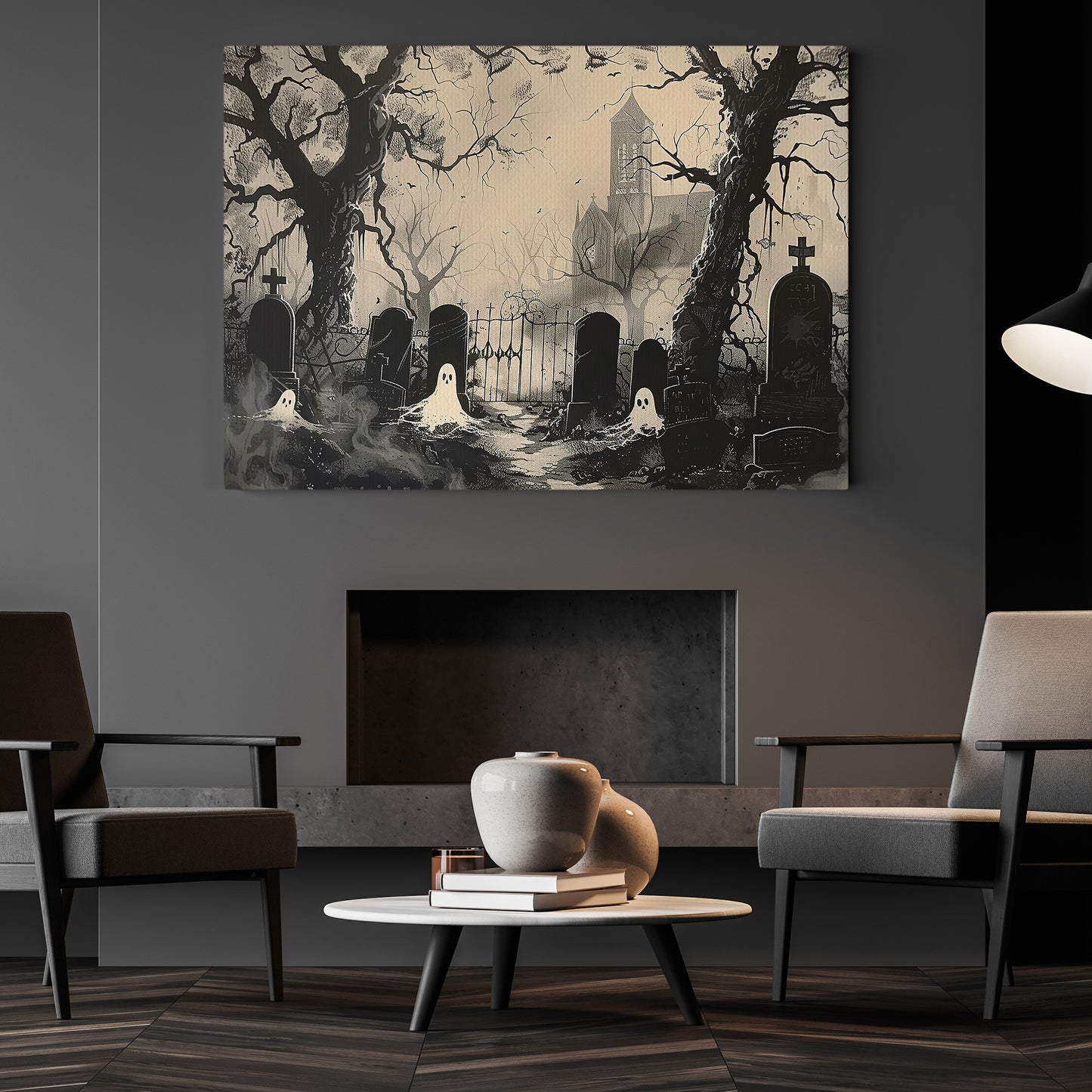 Haunting At Dusk, Ghost Canvas Painting, Spooky Season Wall Art Decor, Halloween Poster Gift For Ghost Lovers