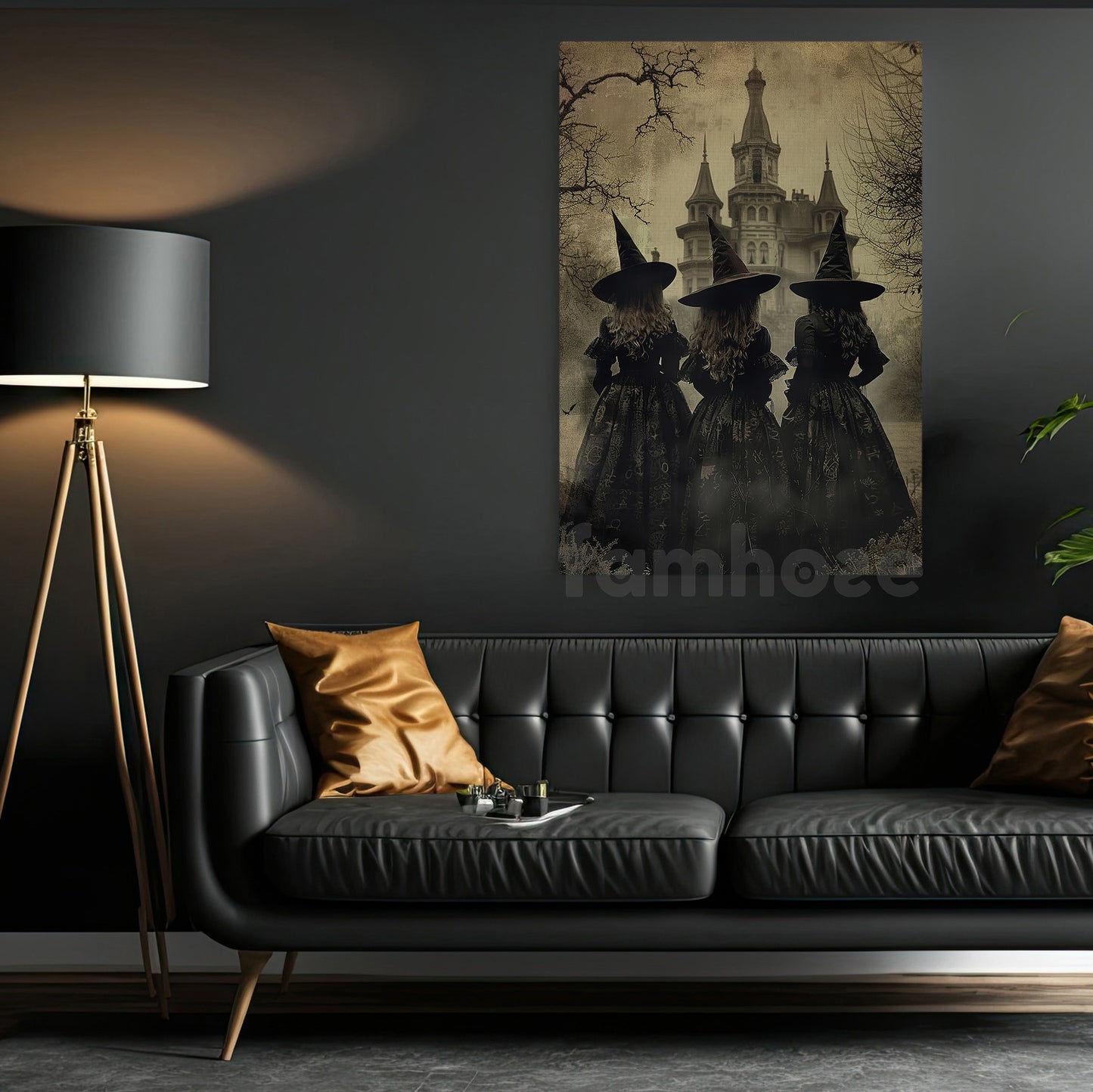 Halloween Three Witches Canvas Painting, Three Witches Convene By The Haunted Castle Wall Art Decor, Spooky Season Poster Gift For Witch Lover