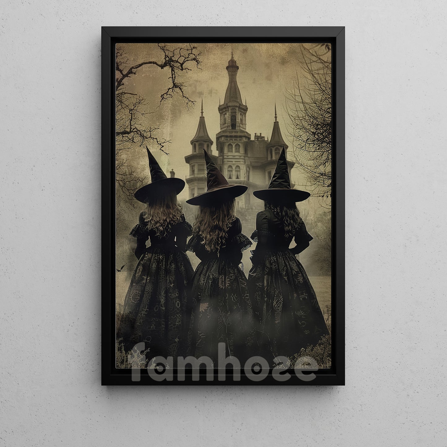 Halloween Three Witches Canvas Painting, Three Witches Convene By The Haunted Castle Wall Art Decor, Spooky Season Poster Gift For Witch Lover