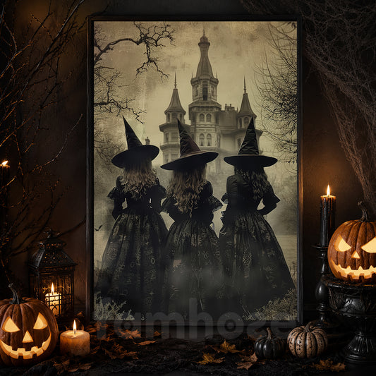 Halloween Three Witches Canvas Painting, Three Witches Convene By The Haunted Castle Wall Art Decor, Spooky Season Poster Gift For Witch Lover