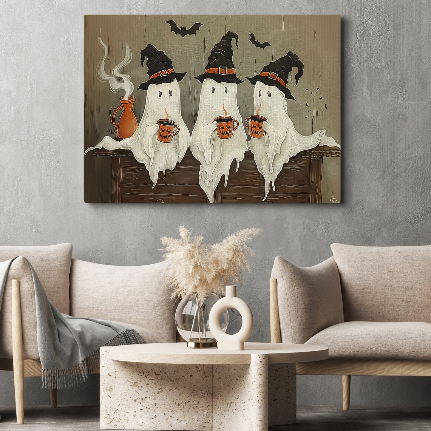 Ghostly Gathering, Ghost Canvas Painting, Spooky Season Wall Art Decor, Halloween Poster Gift For Ghost Lovers