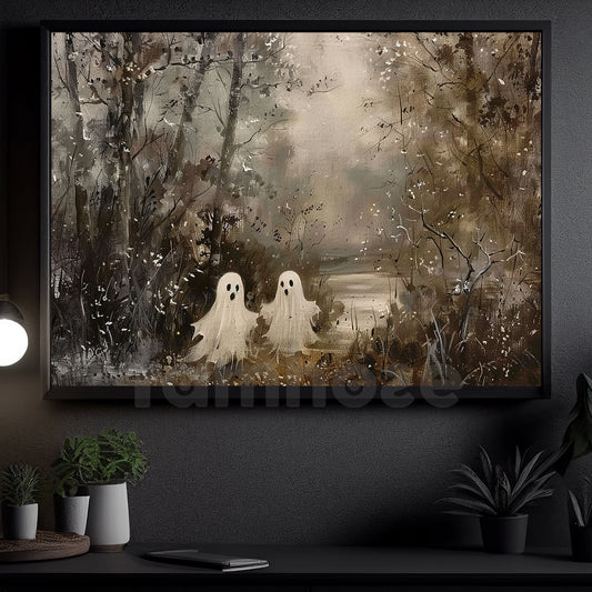 Halloween Ghost Canvas Painting, Hauntingly Charming Ghost Duo Wall Art Decor, Poster Gift For Ghost Lovers