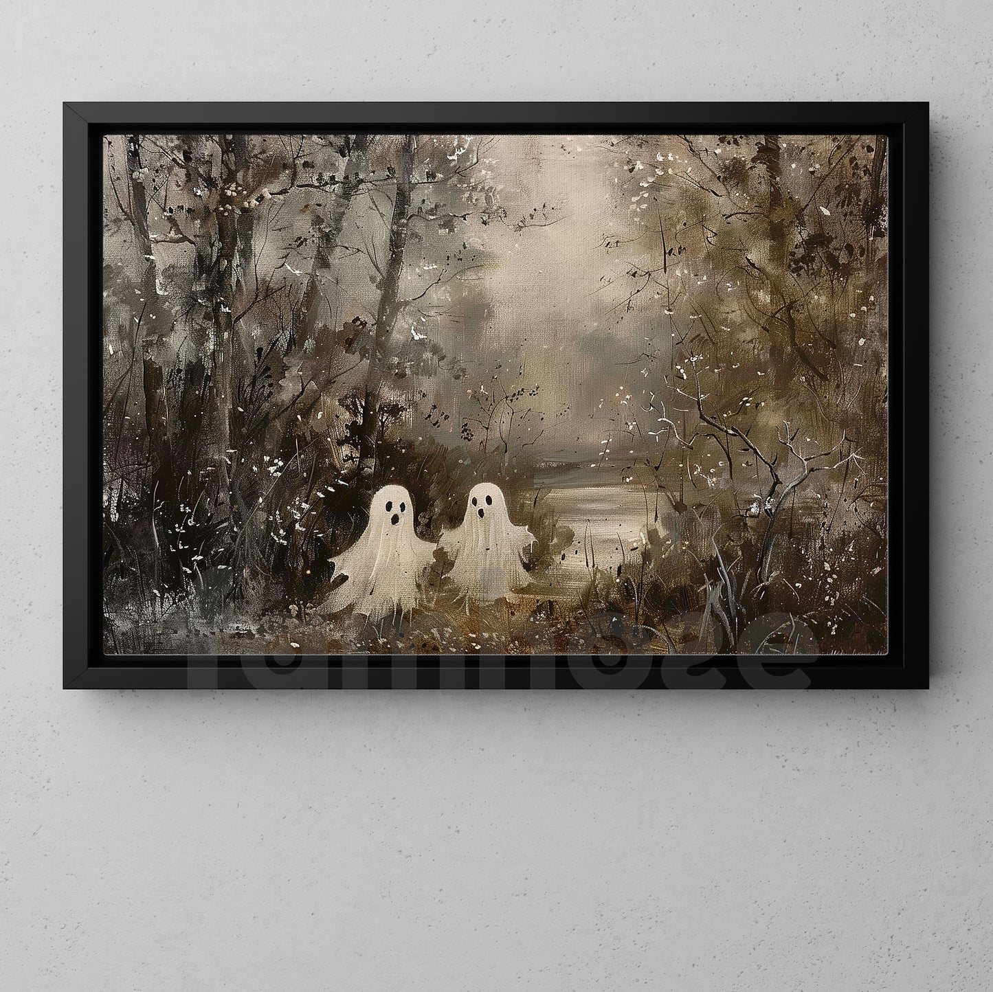Halloween Ghost Canvas Painting, Hauntingly Charming Ghost Duo Wall Art Decor, Poster Gift For Ghost Lovers
