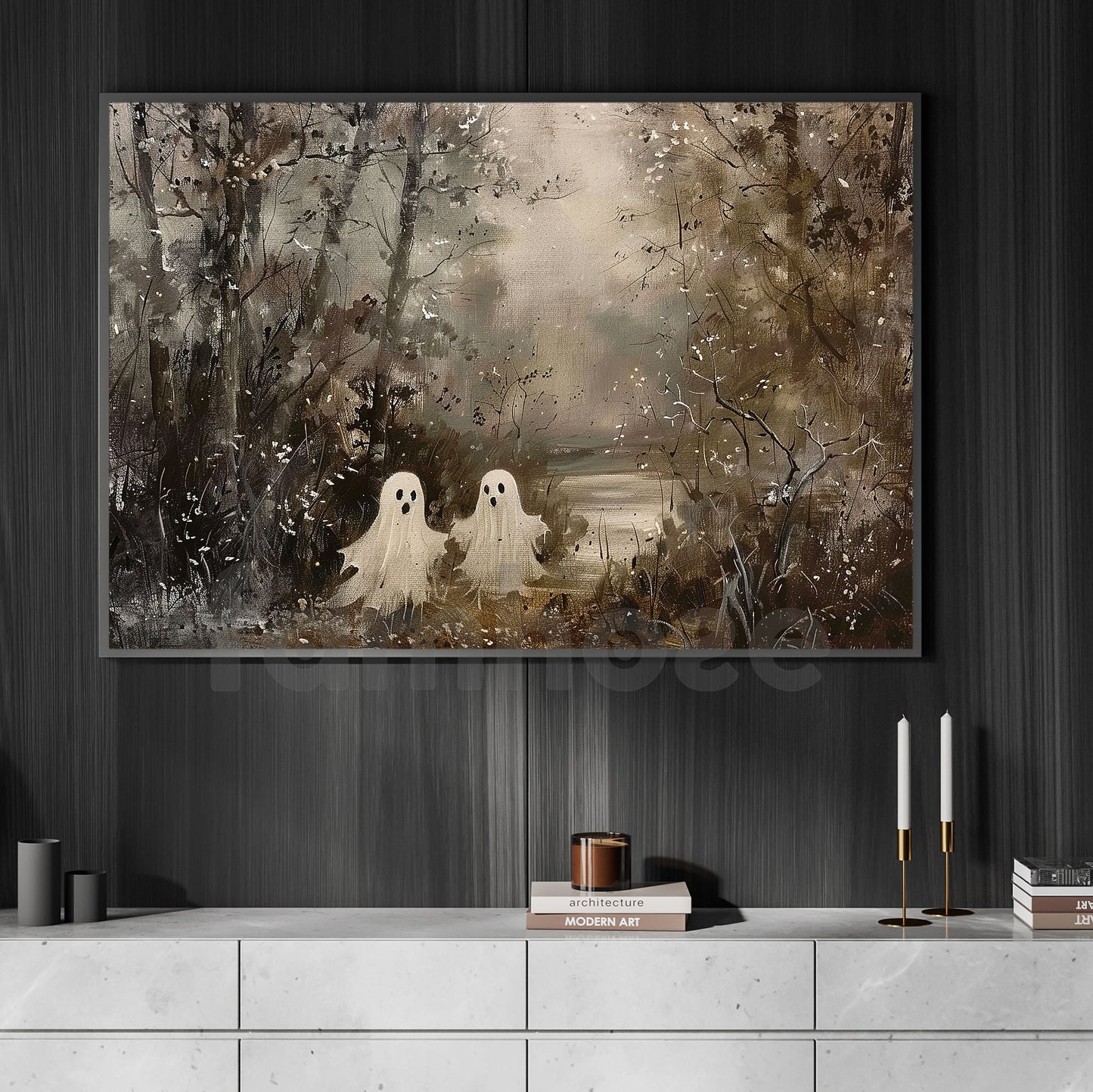 Halloween Ghost Canvas Painting, Hauntingly Charming Ghost Duo Wall Art Decor, Poster Gift For Ghost Lovers