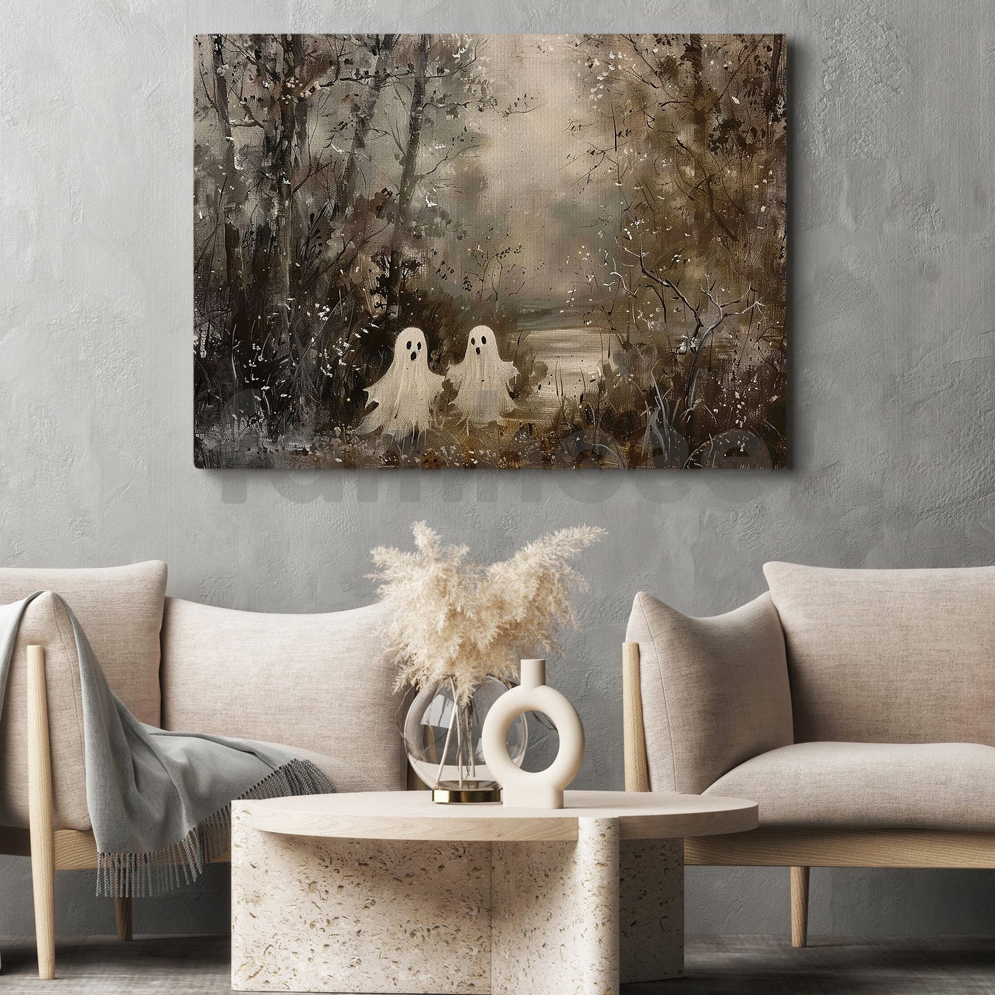 Halloween Ghost Canvas Painting, Hauntingly Charming Ghost Duo Wall Art Decor, Poster Gift For Ghost Lovers