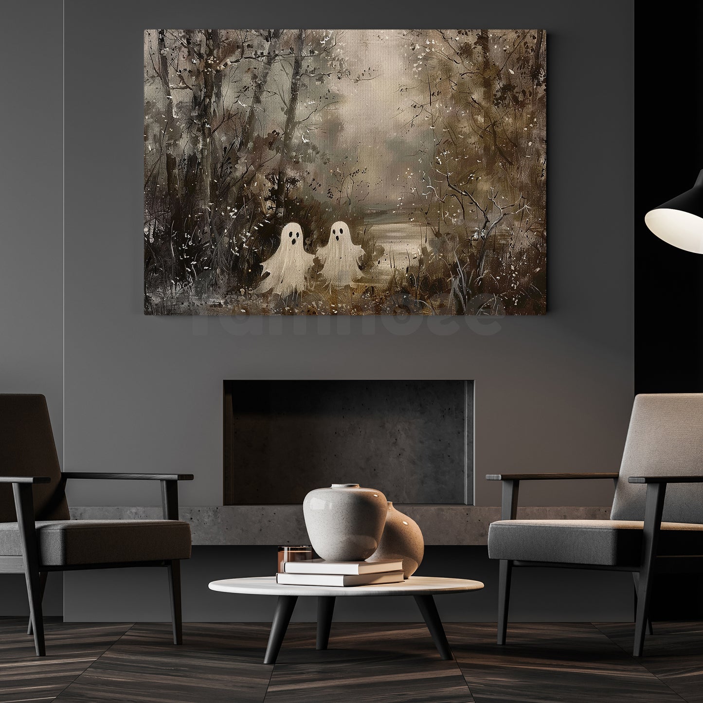 Halloween Ghost Canvas Painting, Hauntingly Charming Ghost Duo Wall Art Decor, Poster Gift For Ghost Lovers