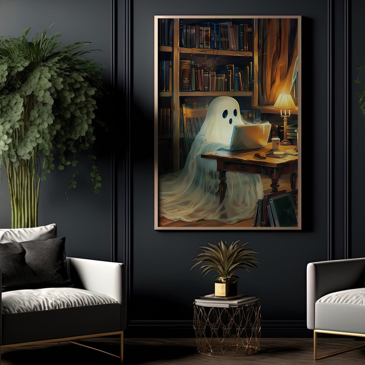 Midnight Musings, Ghost Canvas Painting, Spooky Season Wall Art Decor, Halloween Poster Gift For Ghost Lovers