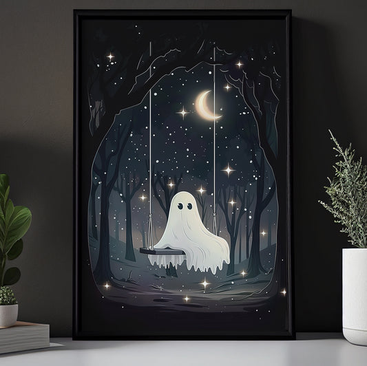 Midnight Sparkles, Ghost Canvas Painting, Spooky Season Wall Art Decor, Halloween Poster Gift For Ghost Lovers