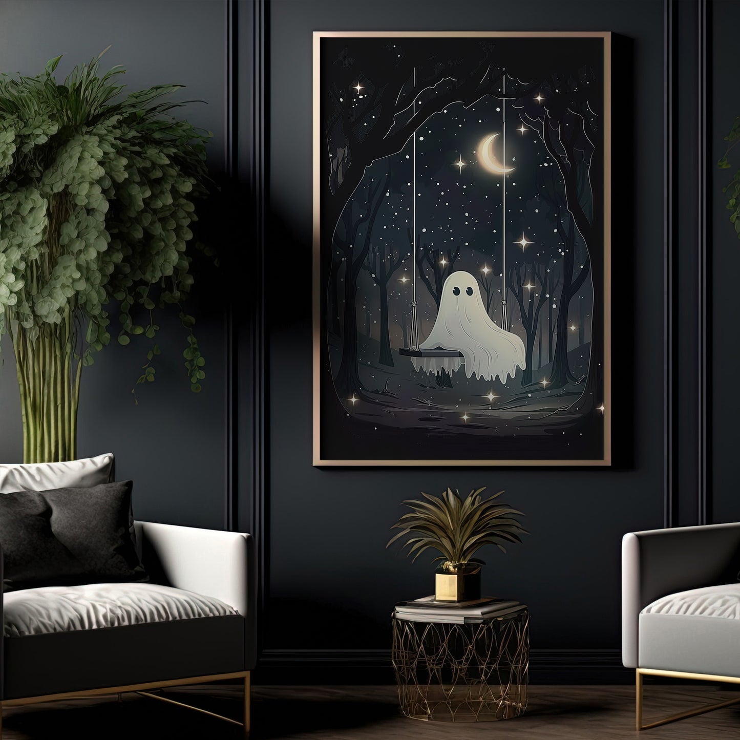 Midnight Sparkles, Ghost Canvas Painting, Spooky Season Wall Art Decor, Halloween Poster Gift For Ghost Lovers