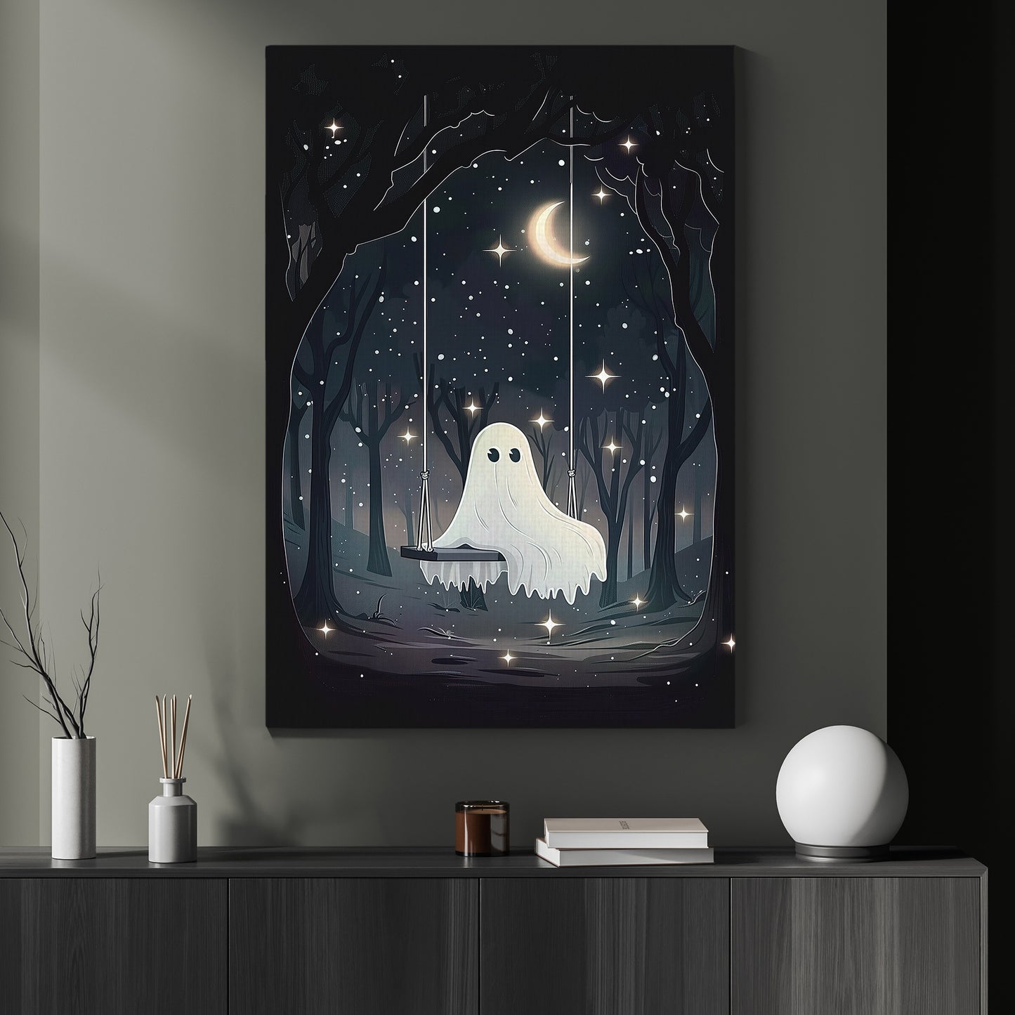 Midnight Sparkles, Ghost Canvas Painting, Spooky Season Wall Art Decor, Halloween Poster Gift For Ghost Lovers