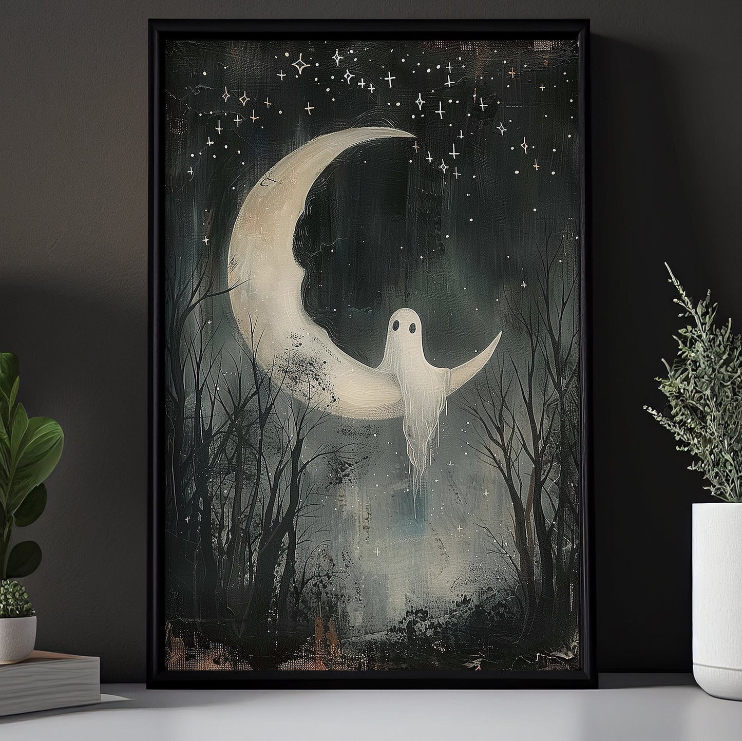 Moonlit Whispers Of The Enchanted Forest, Ghost Canvas Painting, Spooky Season Wall Art Decor, Halloween Poster Gift For Ghost Lovers