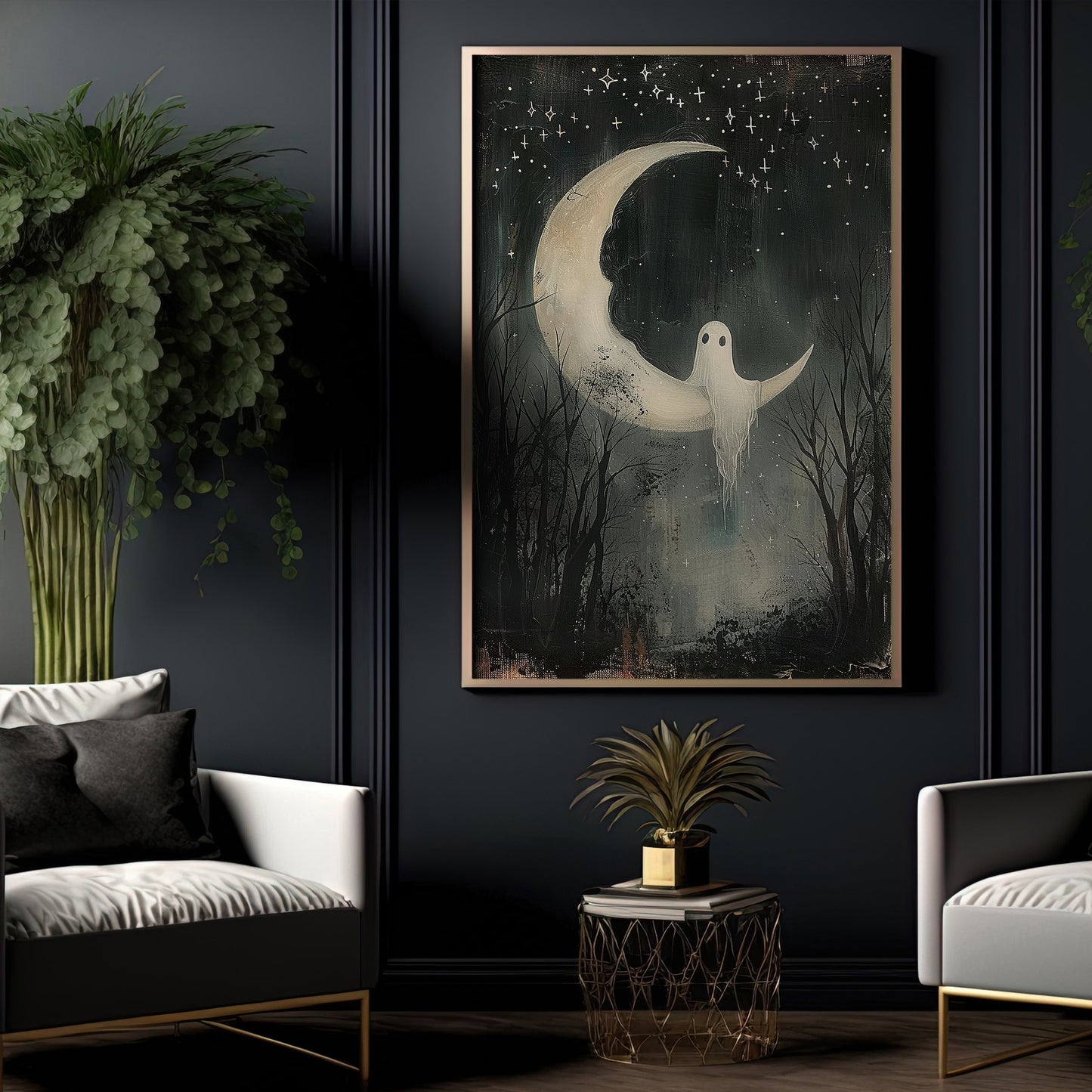 Moonlit Whispers Of The Enchanted Forest, Ghost Canvas Painting, Spooky Season Wall Art Decor, Halloween Poster Gift For Ghost Lovers