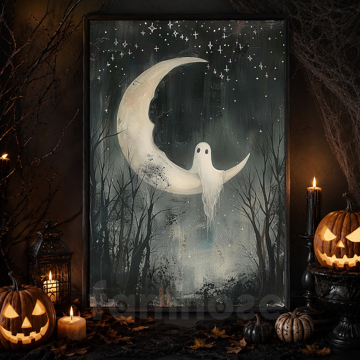 Moonlit Whispers Of The Enchanted Forest, Ghost Canvas Painting, Spooky Season Wall Art Decor, Halloween Poster Gift For Ghost Lovers