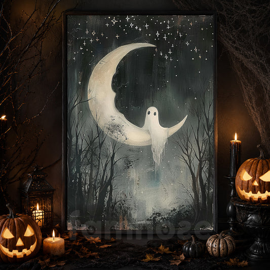 Moonlit Whispers Of The Enchanted Forest, Ghost Canvas Painting, Spooky Season Wall Art Decor, Halloween Poster Gift For Ghost Lovers