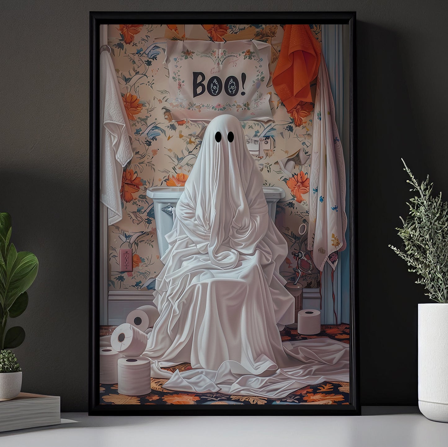 Surprise In The Powder Room, Ghost Canvas Painting, Spooky Season Wall Art Decor, Halloween Poster Gift For Ghost Lovers