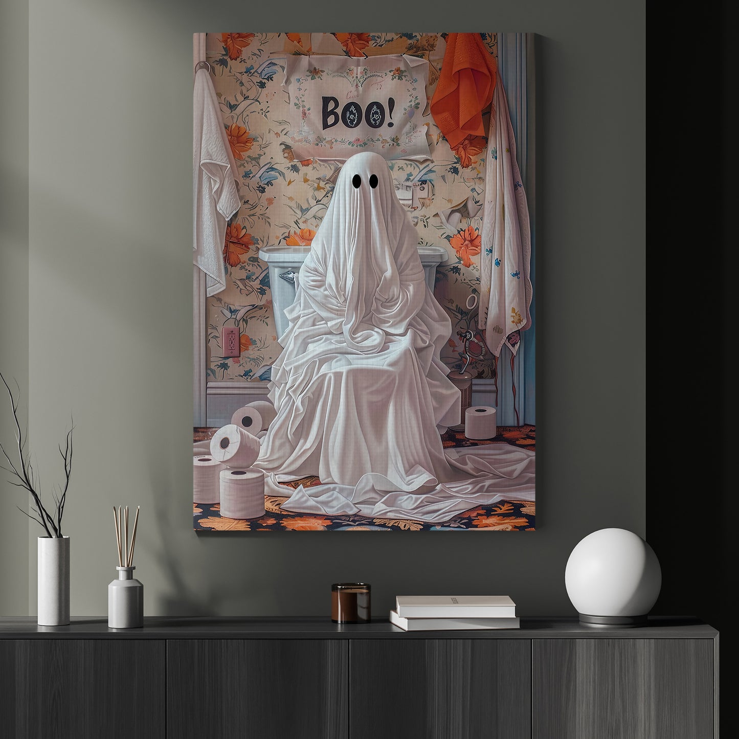 Surprise In The Powder Room, Ghost Canvas Painting, Spooky Season Wall Art Decor, Halloween Poster Gift For Ghost Lovers