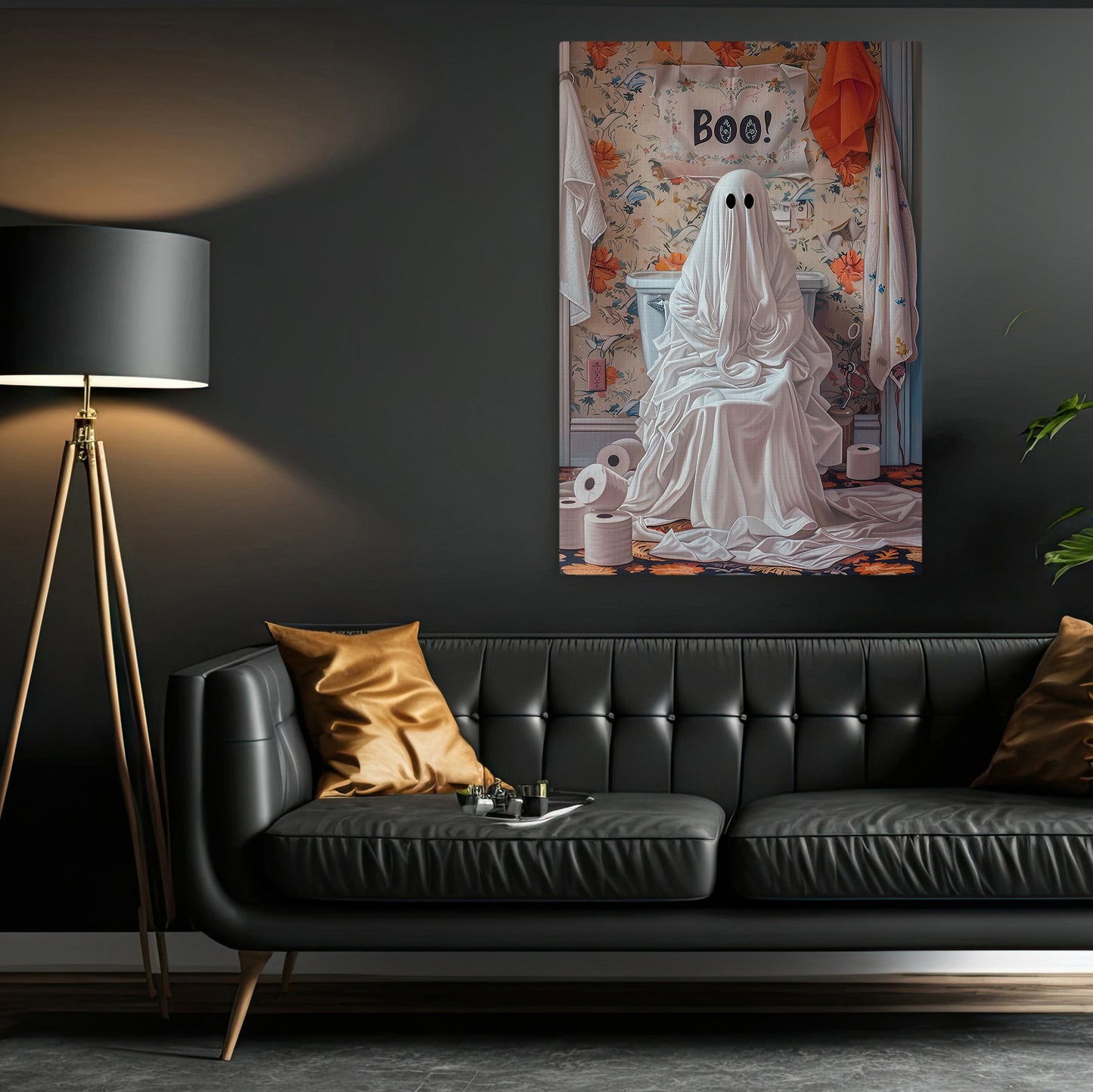 Surprise In The Powder Room, Ghost Canvas Painting, Spooky Season Wall Art Decor, Halloween Poster Gift For Ghost Lovers