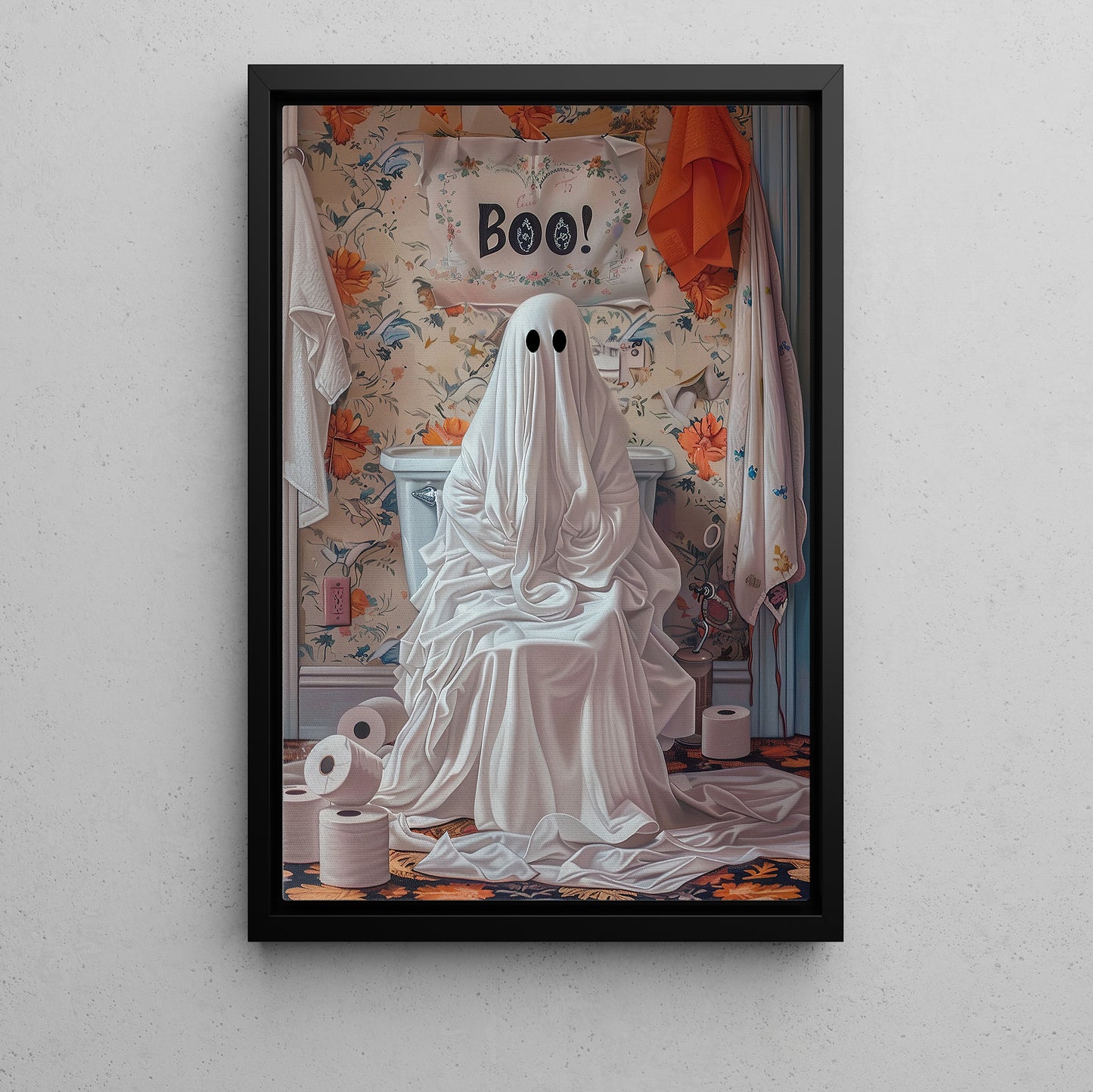 Surprise In The Powder Room, Ghost Canvas Painting, Spooky Season Wall Art Decor, Halloween Poster Gift For Ghost Lovers