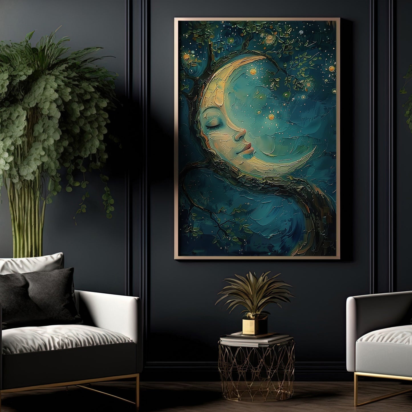 Dreaming in the Moon's Embrace, Whispers Canvas Painting, Modern Wall Art Decor, Poster Gift For Landscapes Lovers