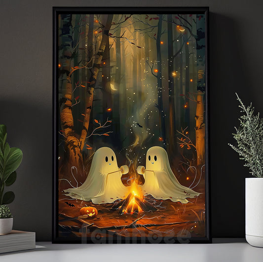 Cute Halloween Boo Canvas Painting, Ghost Couple Roasting Marshmallows Wall Art Decor, Spooky Season Poster Gift For Ghost Lovers