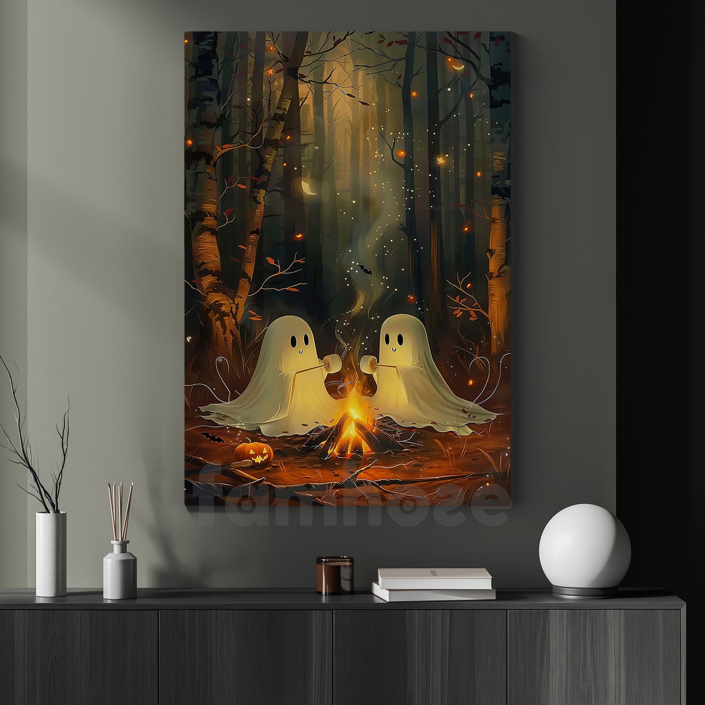 Cute Halloween Boo Canvas Painting, Ghost Couple Roasting Marshmallows Wall Art Decor, Spooky Season Poster Gift For Ghost Lovers